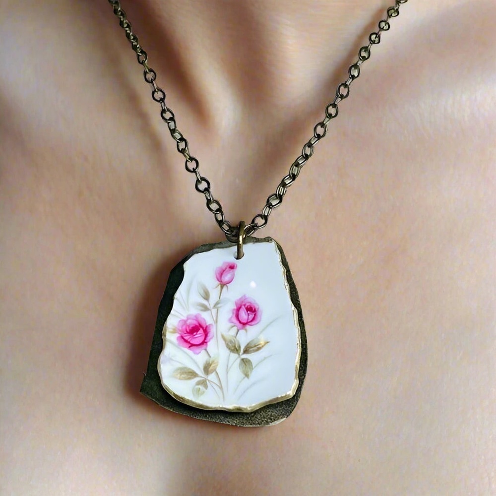 Floret Tea Rose Broken China & Leather Necklace